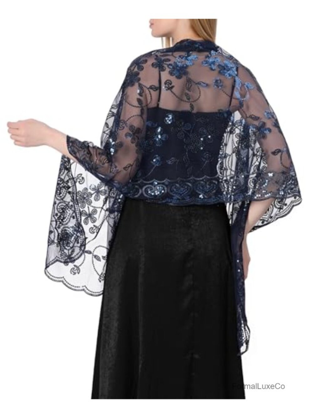 Chiffon Sheer Sequin Flower Shawl Wrap for Evening Dress, 190x60cm, Plus Size
